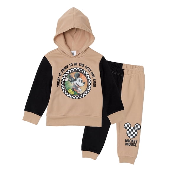 Disney Mickey Mouse Toddler Boys’ Outfit Set - Two Piece Hoodie Sweatshirt with Holographic Patch & Checkerboard Jogger Pants (Light Brown, 4T)