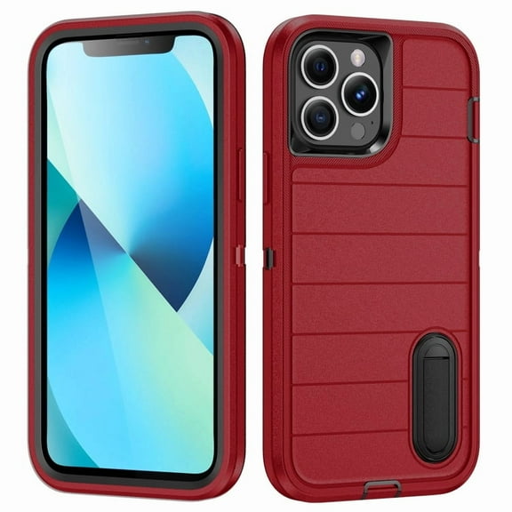 For iPhone 13 Pro Max Defender Rugged PC   Silicone Phone Case with Holder ( Red)