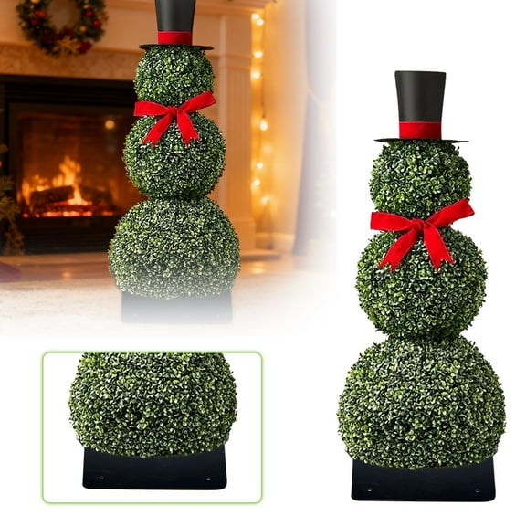 Christmas Snowman Topiary 2ft Artificial with Red Bow and Santa Hat, Potted Snowman Shaped Tree for Indoor Outdoor Porch Decor, UV Resistant Boxwood Christmas Decorations