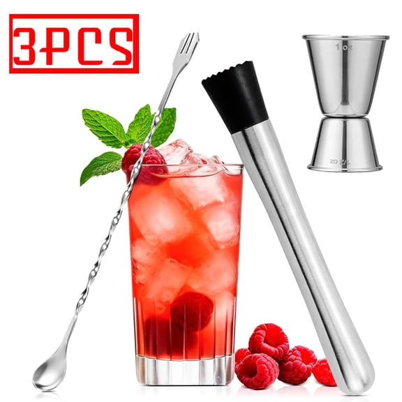 Muddler for Cocktails, 10'' Cocktail Muddler for Cocktails with Cocktail Spoon Long Handle and Jigger 0.5/1 OZ, Bar Accessories Tools for Mojitos Fruit Drinks