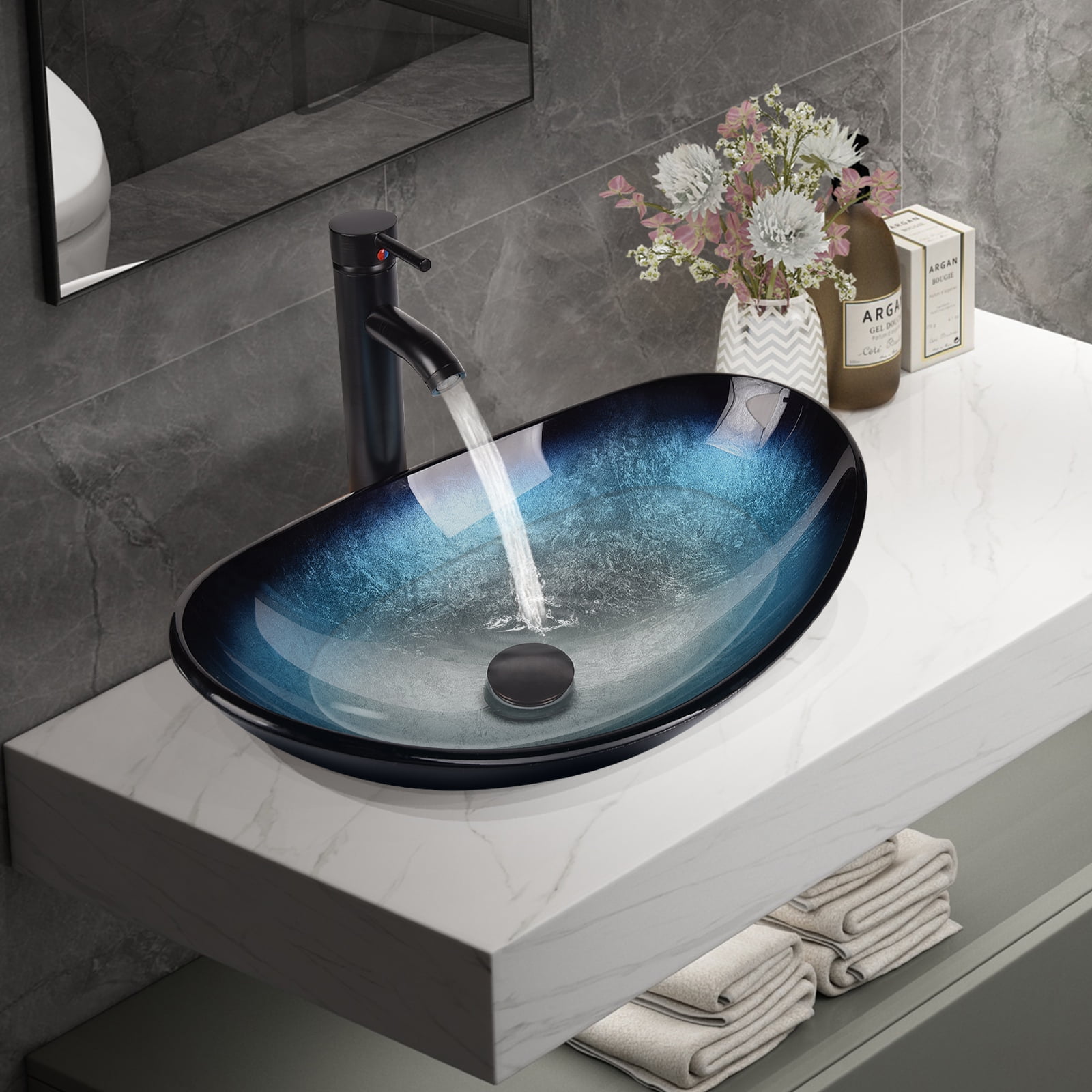 FULLWATT Boat Shape Bathroom Artistic Glass Vessel Sink Free Oil Rubbed Bronze Faucet and Pop-up Drain,Blue