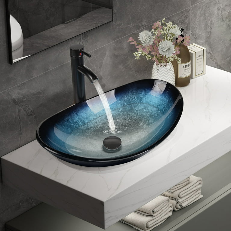 US Oval Blue Bathroom Vessel Sink Tempered Glass Basin Bowl Faucet Mixer  Tap Set
