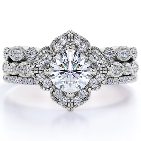JeenMata Art Deco 1.5 Carat Round Cut Moissanite Trio Bridal Ring Set in 18k White Gold Over Silver