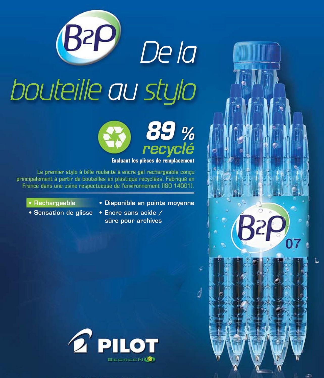 PILOT B2P Stylos à bille roulante rétractables à encre gel - Noirs Pointe fine de 0,7mm, 2-pqt
