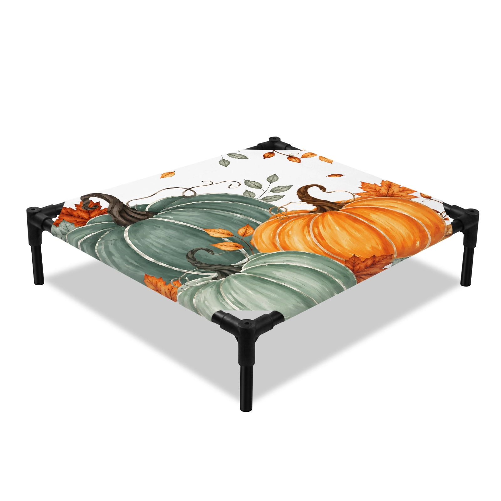 Green Orange Pumpkin Elevated Dog Bed Thanksgiving Fall Eucalyptus Leaf Countryside Cooling Breathable Outdoor Raised Dog Cot Bed with Metal Frame Non-Slip Feet for Small Dog 20x20in