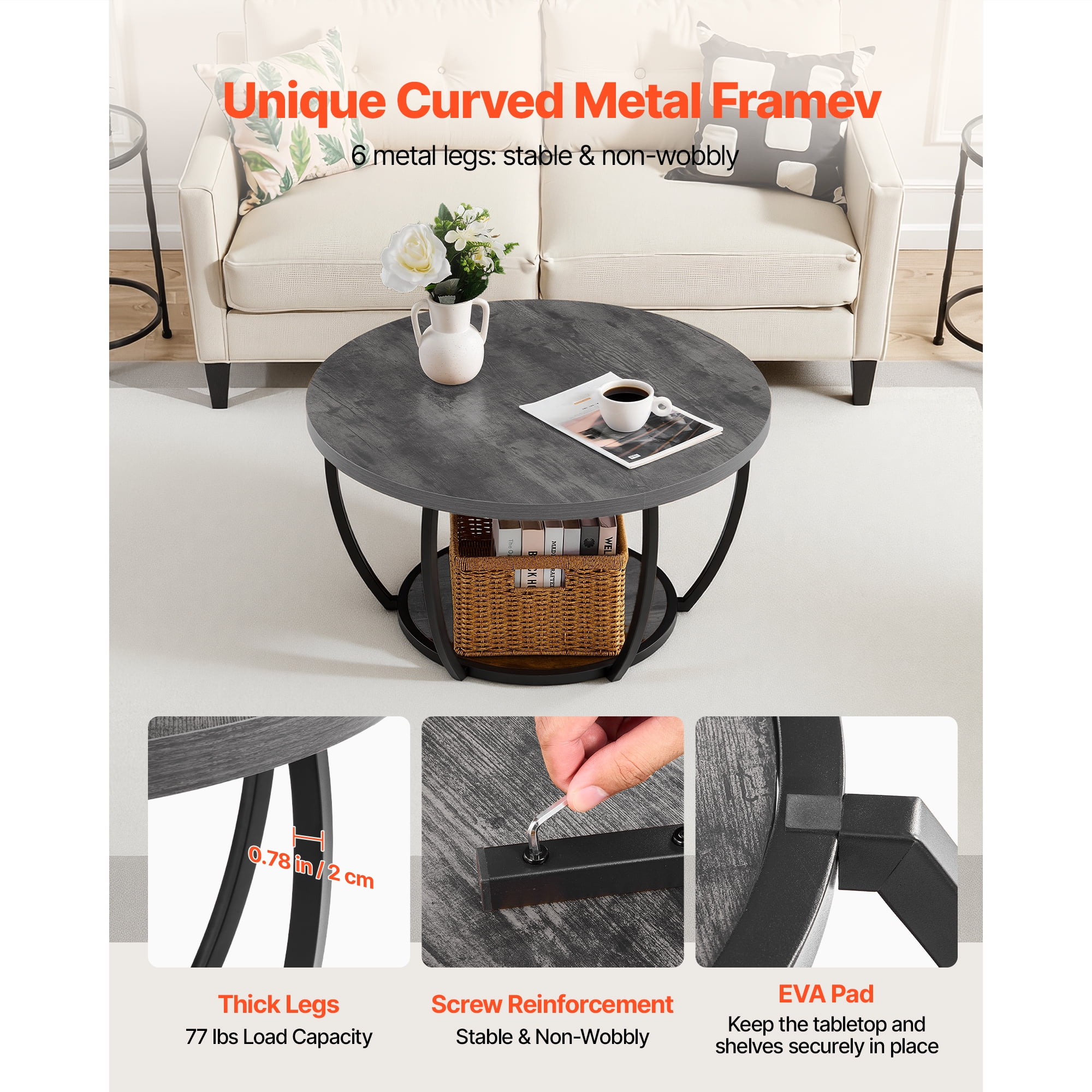 KFFKFF Round Coffee Table, Modern 2-Tier Wooden Center Table with Open Storage, Minimalist Design with Sturdy Metal Frame for Living Room or Office, Easy to Assemble, Grey