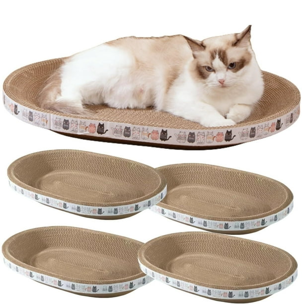 Paquete de 4 ralladores de cartón para gatos, cama ovalada para rascar para gatos, sofá para interiores, gatos, cama, tazón, gato, poste rascador para gatos, rodar para gatos, protector de muebles