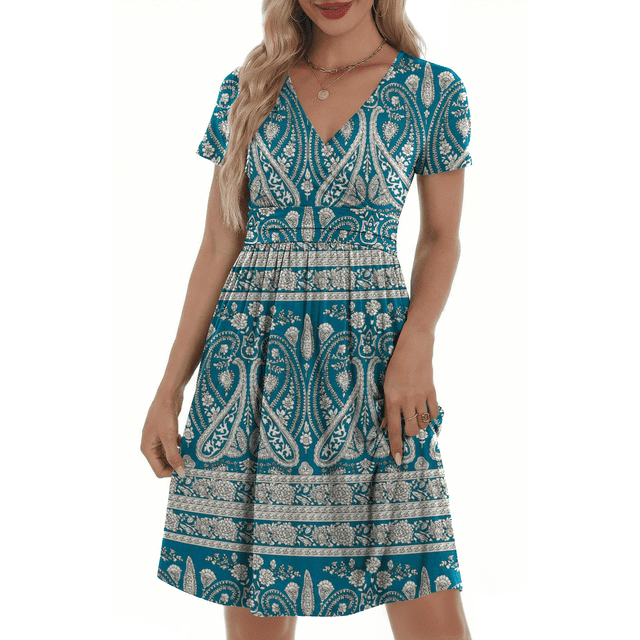 UVN Vestidos para Mujer con Escote en V Profundo, Manga Corta, Vestido Veraniego Midi para Fiesta con Bolsillo