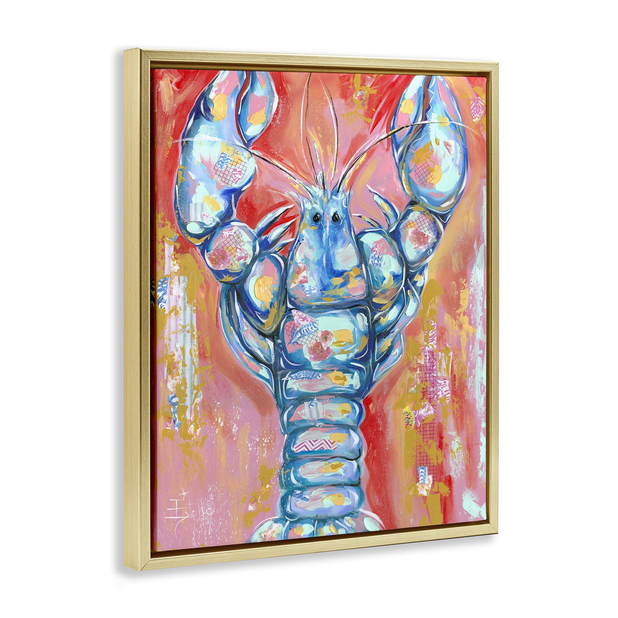 Stupell Industries Abstract Patchwork Lobster Nautical & Beach Painting Gold Floater Framed Canvas Art Print Wall Art, 25 x 31