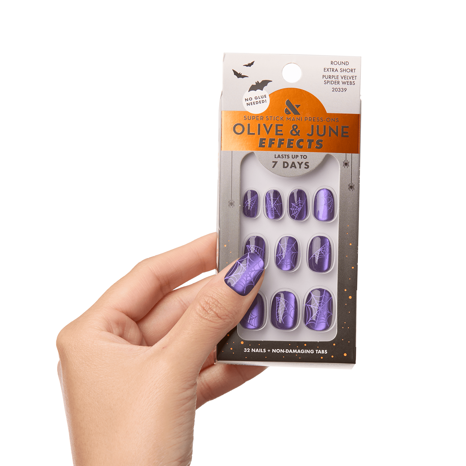 Olive & June Super Stick Effects Extra Short Round Press-on Nails, Purple Velvet Spiderwebs, 32 Pieces
