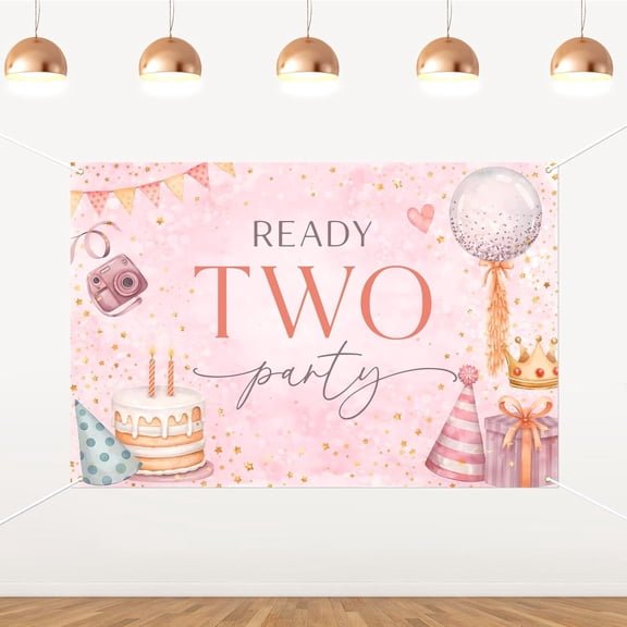 6x4FT Ready Two Party Backdrop Pink Gold Cake Balloons and Party Hat 2nd Birthday Background Spring Summer Sweet Two Birthday Party Decorations Banner Supplies Photo Booth Props