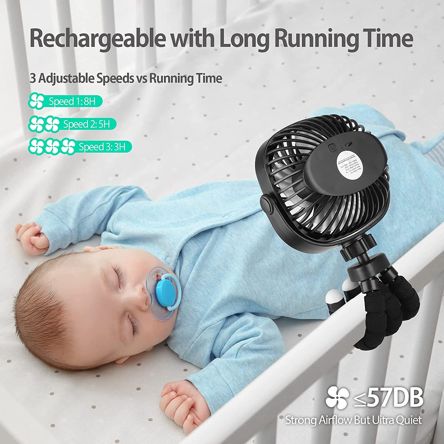 Cxy Rechargeable USB Stroller Fan, Portable Car Fan, Car Seat Fan, Desk Fan, Flexible Tripod Clip on Bed, Bike, and Crib, Battery Powered