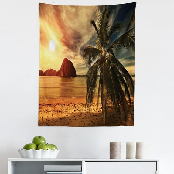 Beach Tapestry, Havana Beach Sunny Tropics Mountains Rocks and Coconut Palm Trees, Fabric Wall Hanging Decor for Bedroom Living Room Dorm, 5 Sizes, Dark Green Pale Brown, by Ambesonne