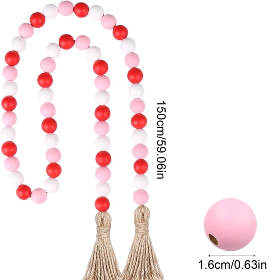 Wooden Bead Garland with Tassels,60" Rural Style Wooden Bead Decoration for Valentine's Day,Handmade Craftsmanship for Home Decor, Ideal for Living Room, Entryway, and Tea Room, Easy to Install