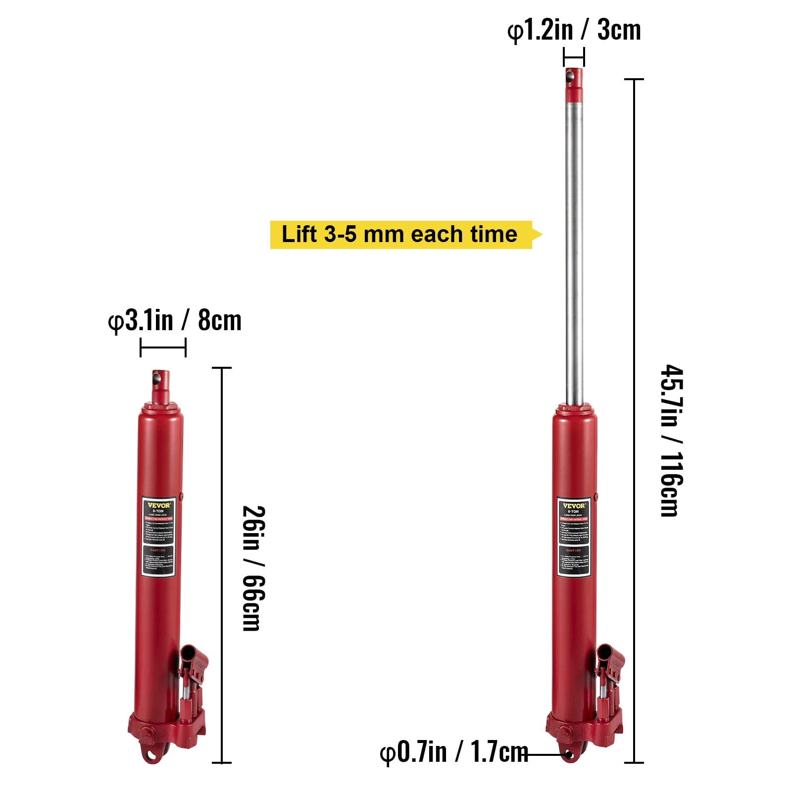 VEVOR Hydraulic Long Ram Jack, 8 Tons/17636 lbs Capacity, with Dual Piston Pump and Clevis Base, Manual Cherry Picker with Handle, for Garage/Shop Cranes, Engine Lift Hoist, Red
