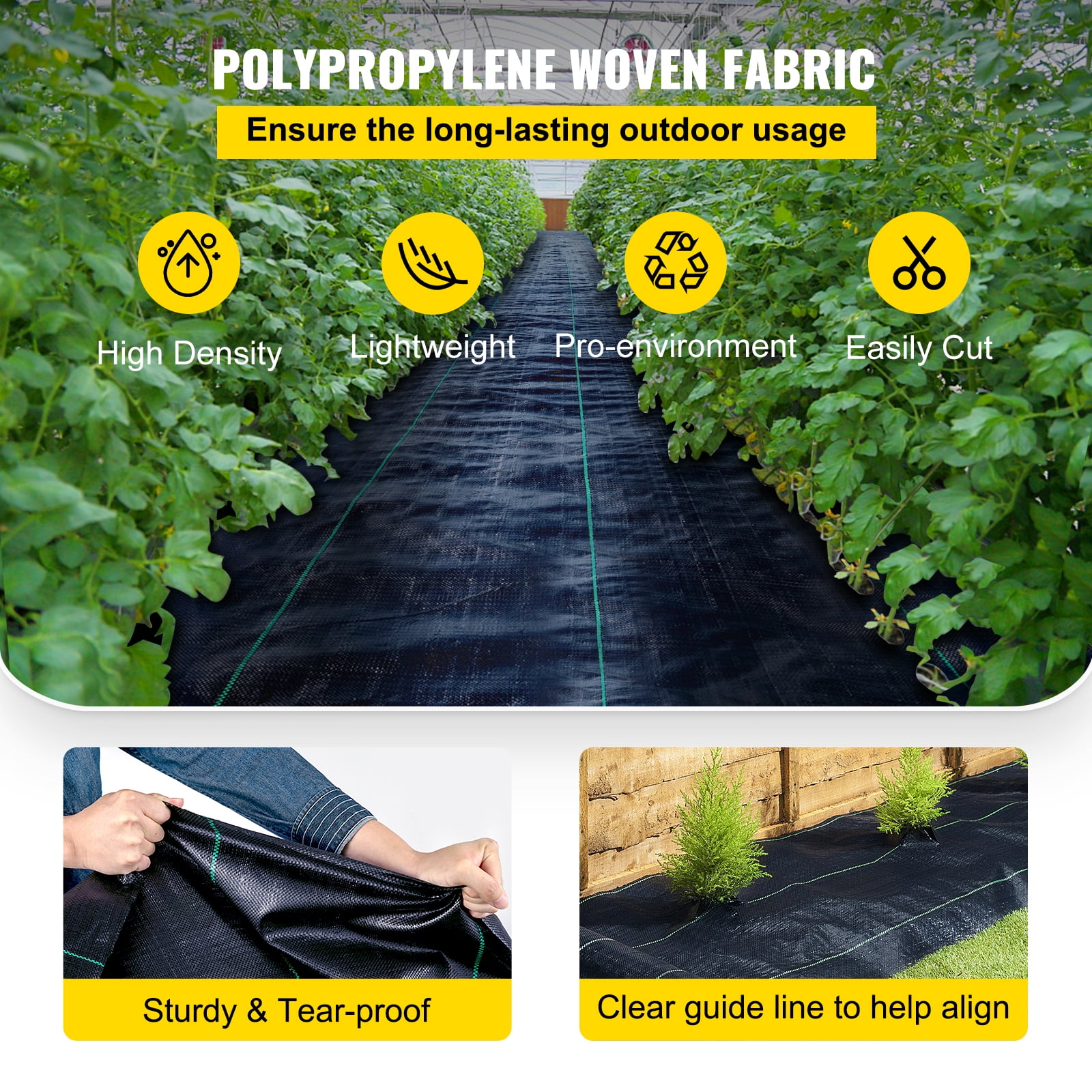 VEVOR Weed Barrier Landscape Fabric, 6 x 250 ft, 4.1 Oz Premium Woven Ground Cover, Heavy Duty PP Material & Easy Setup, Weed Control for Outdoor Garden, Lawn, Driveway, Black