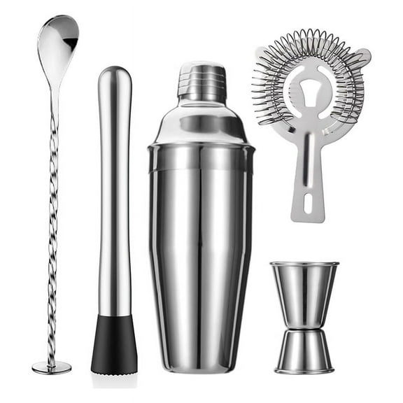 5-Piece Cocktail Shaker Set Strainer Jigger T-Mixing Spoon Muddler Bartender Kit Stainless Steel Bar