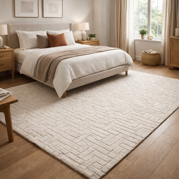 5x7 White Tufted Area Rug – Geometric Rectangle Carpet for Hallway & Bedroom | Soft Non-Slip Accent Rug, 5 x 7 ft