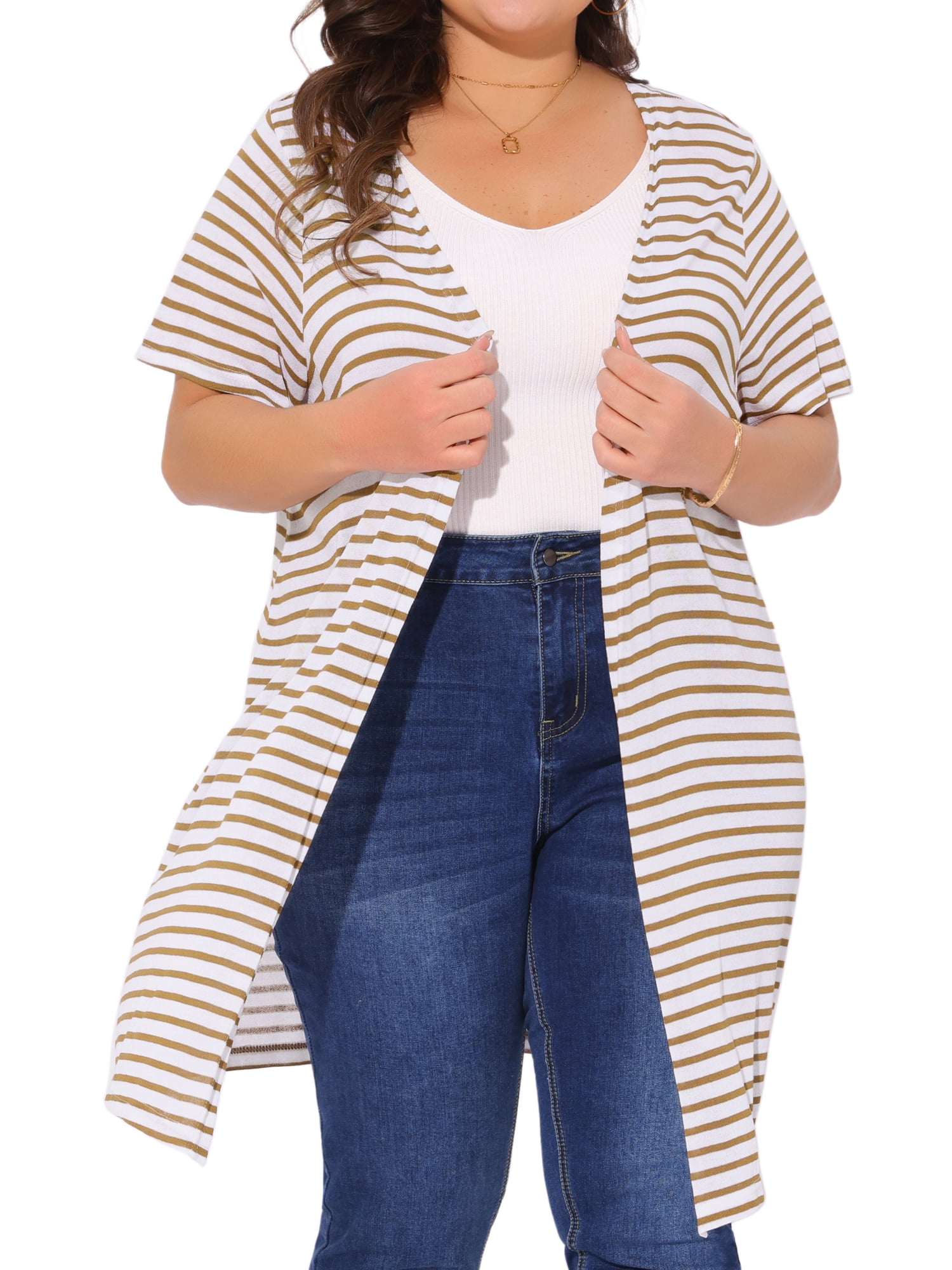 DARING DIVA Plus Size Stripe Short Sleeve Open Front Cardigan 1X Khaki