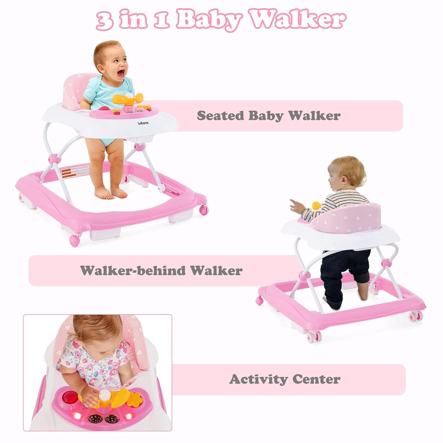 INFANS Foldable Baby Walker, 3 in 1 Toddler Walker Leaning-Seated Walk-Behind with Removable Music Tray, Adjustable Height, Washable Seat Cushion for Boys and Girls