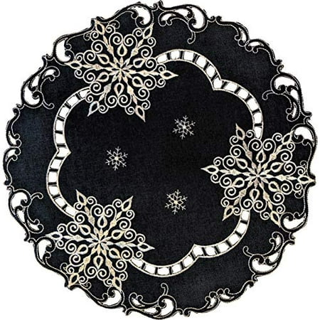 

Doily Boutique Christmas Doily or Placemat with White Snowflakes on Blue Burlap Linen Fabric Size 15 inches