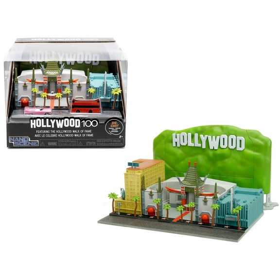 "Hollywood 100" Walk of Fame Diorama with Pink Convertible and Double-Decker Bus "Nano Scene" Series model by Jada