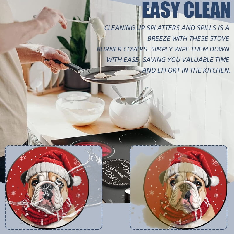 Christmas Stove Burner Covers for Electric Stove, Christmas Bulldog in Santa Hat Xmas Snowflakes Holiday Decor 4 Pack Round Oven Burner Covers for Kitchen, 8 Inches and 10 Inches