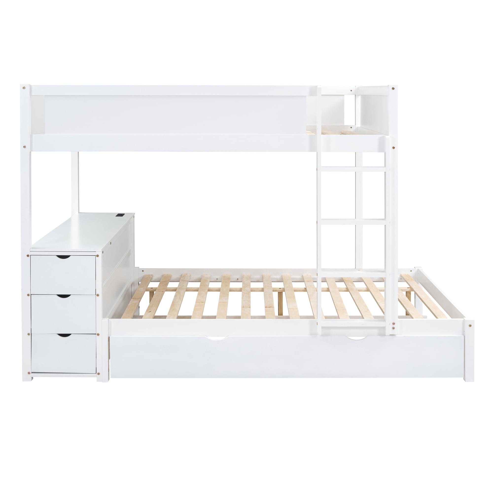 Aukfa Full Over Full Bunk Bed with Trundle and USB Charging Station, Wood Bed Frame with Build-in Desk&Storage Drawers for Kids Bedroom, White