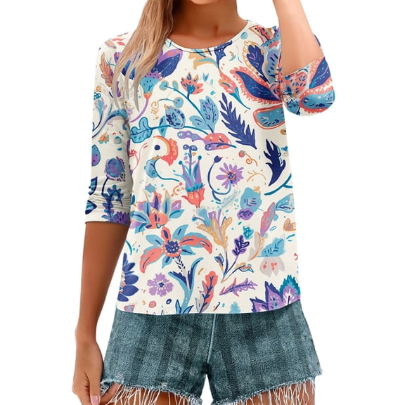 HLKJKLS Long Sleeve Shirts For Women Spring Print 3/4 Sleeve Round Neck Loose T Shirt Polyester Spandex Casual Fashion Purple S-3Xl