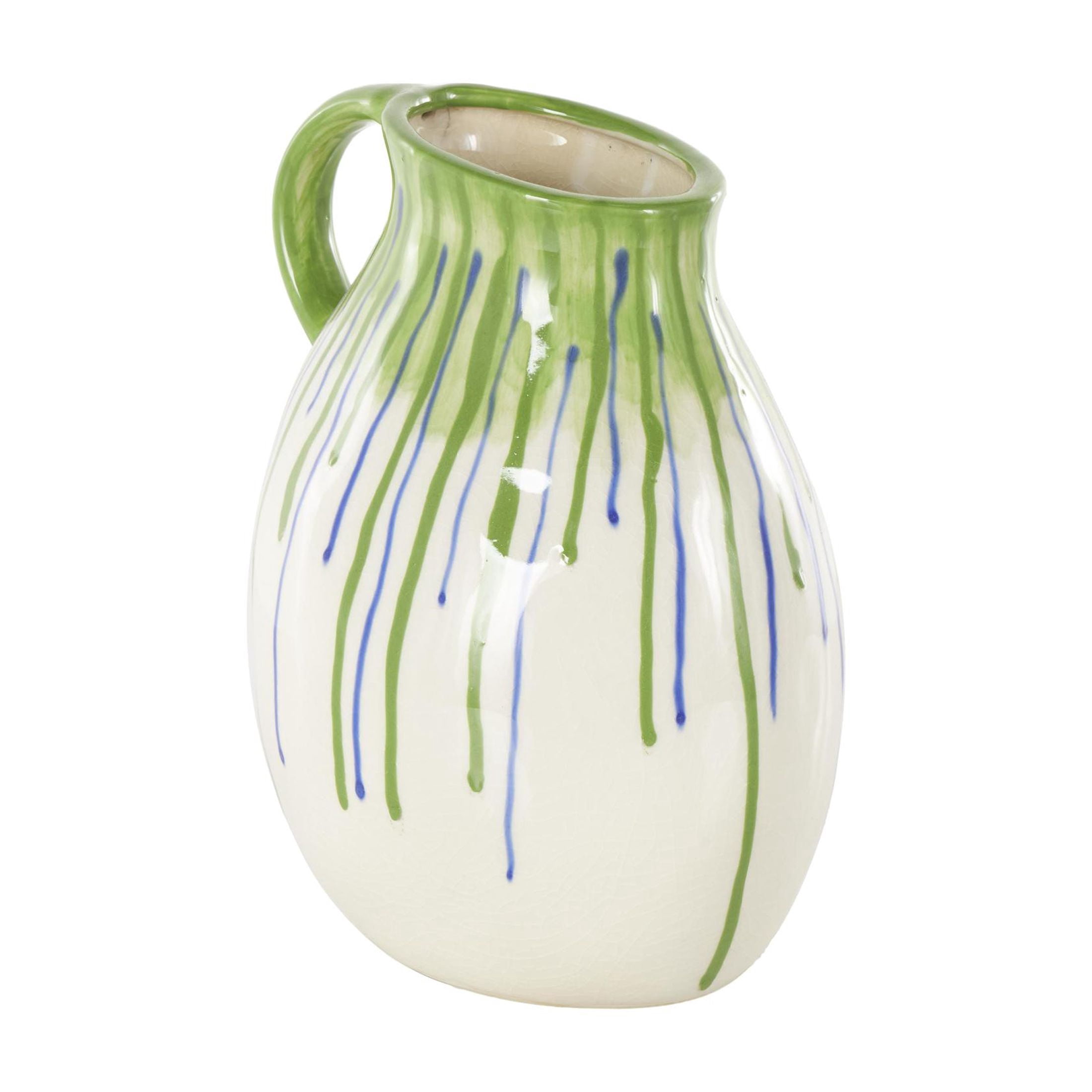 DecMode 11" Abstract White Ceramic Vase with Green and Blue Drip Design and Handle