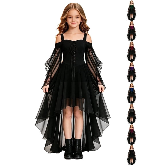 Girls Gothic Off Shoulder Party Dress, Lace Long Sleeve Corset High Low Tulle Dress, Halloween Christmas Witch Role Play Costume Dress Birthday Holiday Daily Wearfor Girls Ages 7-12