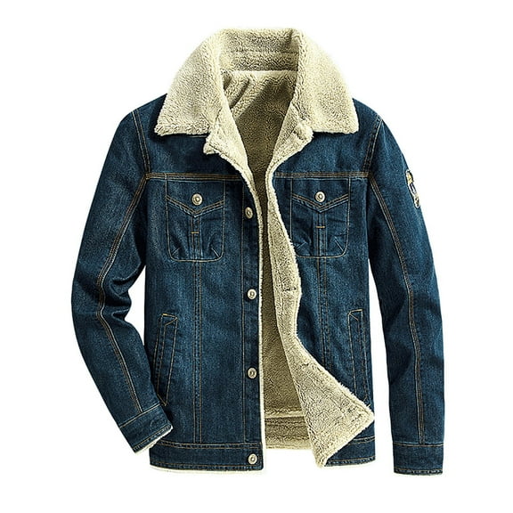 VNKIDY Men's Coat Autumn Winter Solid Color Denim Jacket With Plush Lining Long Sleeve Button Front Warm Style Stylish Coat For Casual Daily Streetwear Cold Weather Activities Leisure Outerwear
