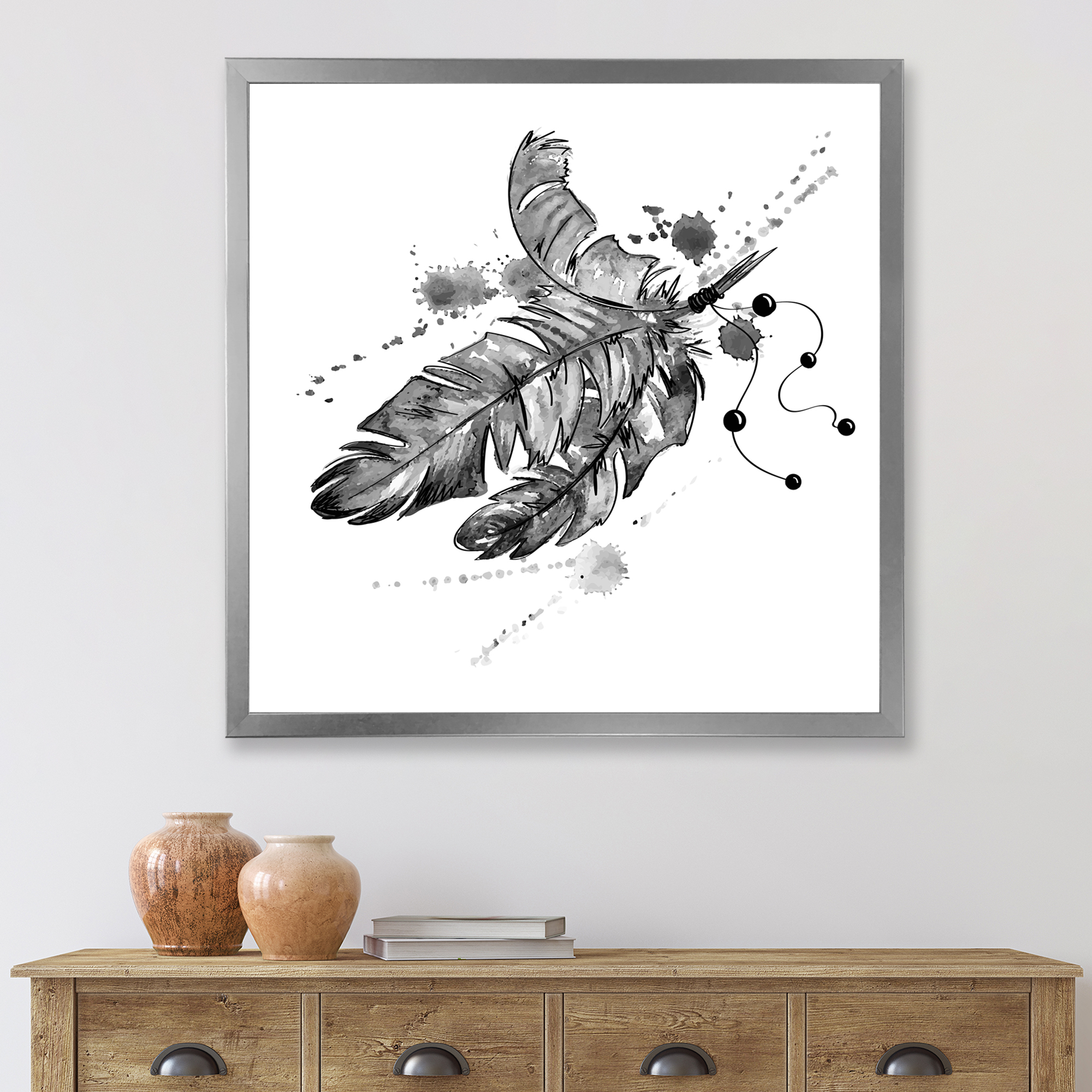 Designart 'Black and White Feathers Impression' Traditional Framed Art Print