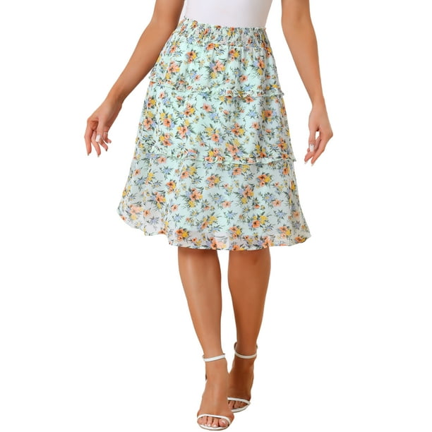 Faldas florales para mujer Inspire Chic, falda de gasa con cintura elástica fruncida, estilo A-line, por debajo de la rodilla, con volantes, talla XS, verde claro