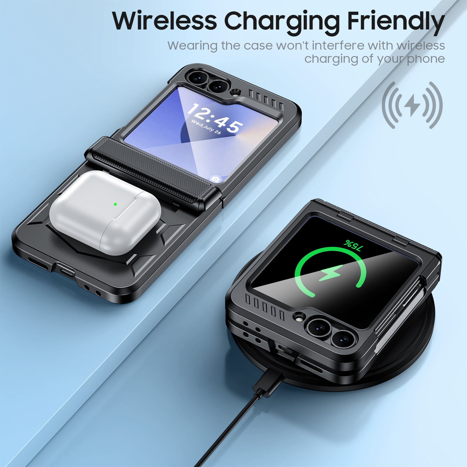 Vizvera for Samsung Galaxy Z Flip 6/Z Flip 7 FE Case with Hinge Cover,Built-in Screen Protector Shockproof All-Inclusive Smartphone Cover Wireless Charging-Black