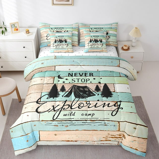 YST 7Pcs Comforter Set, Boys Camper Exploring Bedding, 7-Piece, Wooden Plank, Queen Size