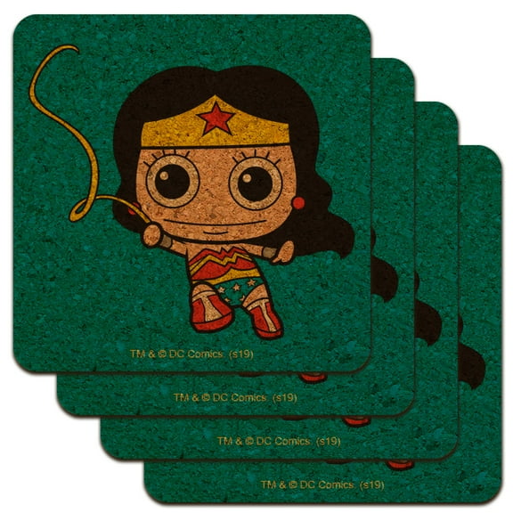 Wonder Woman Cute Chibi Golden Lasso Low Profile Novelty Cork Coaster Set