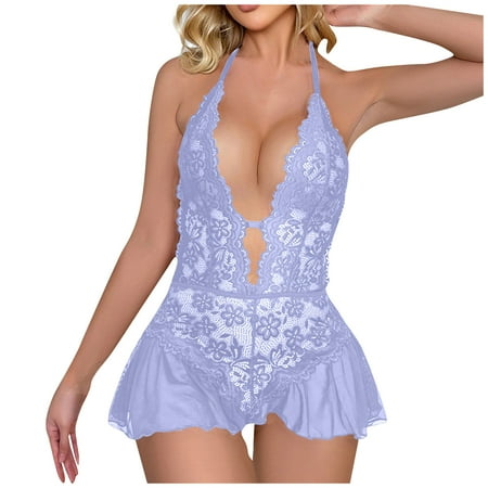 

EHTMSAK Deep V Neck Chemise for Women Teddy Ruffle Lace Lingerie Sexy Nightgown Babydoll Light Purple S
