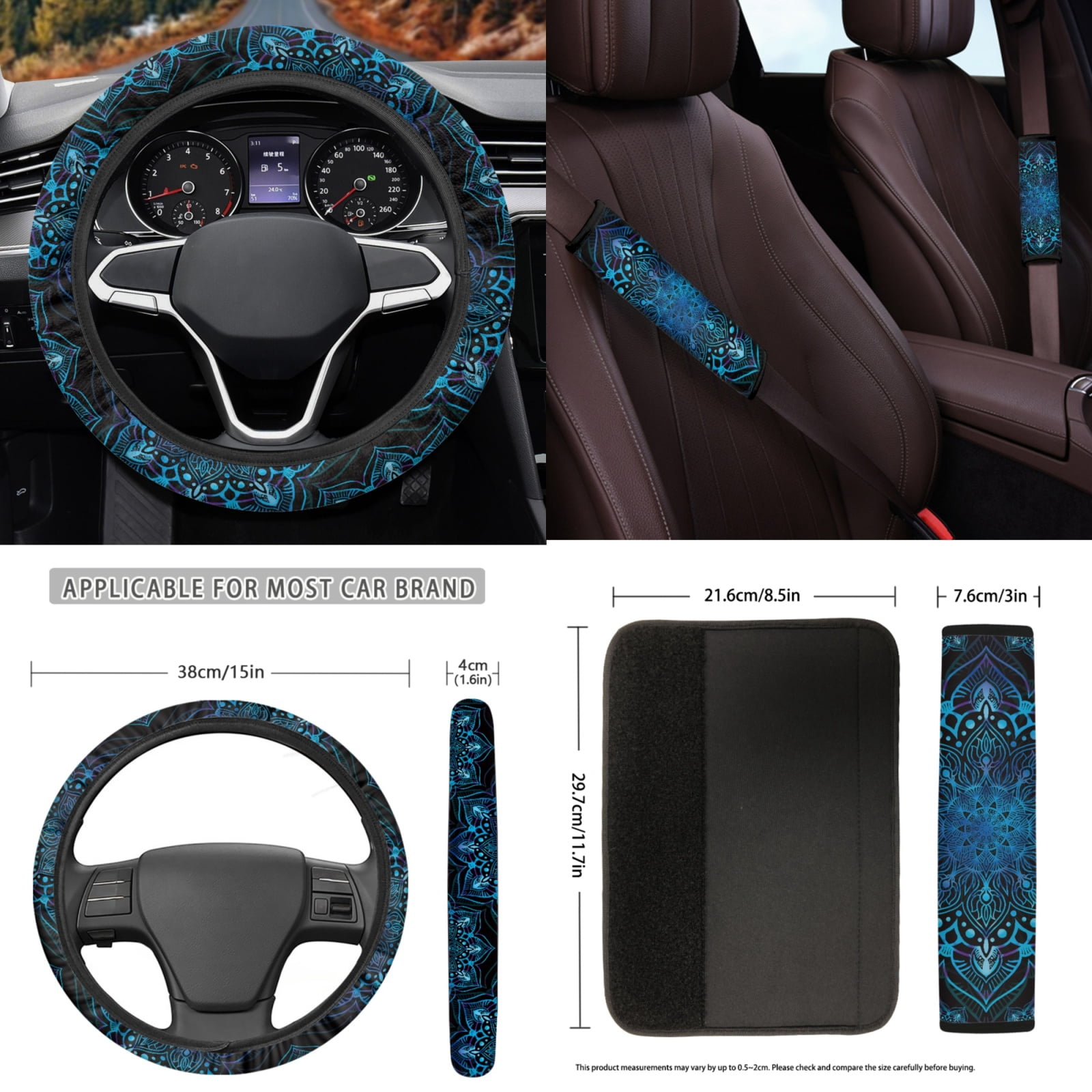 Yuyamidu Blue Front Back Car Seat Covers Full Set of 15 Boho Flower Blossom Car Floor Mats Steering Wheel Cover Seat Belt Cover Gear Shift Knob Cover Handbrake Cover Coasters Auto Accessories