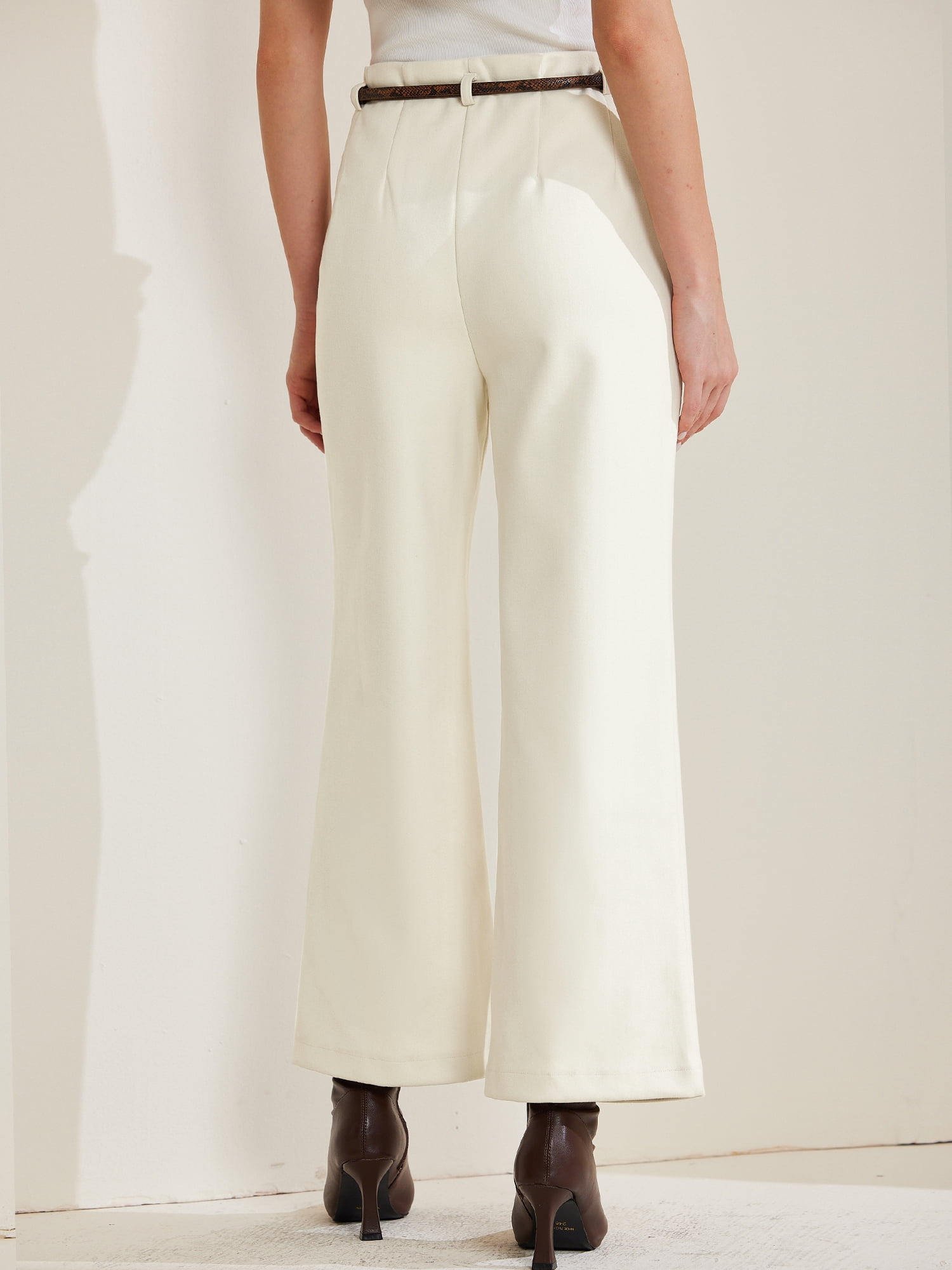 DARING DIVA Women's Wool-Blend High Waist Wide Leg Trousers with Pockets XL White