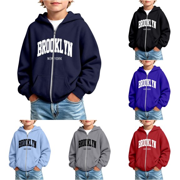 REDARER Boys Zip Up Hoodie Soft Sweatshirt with Brooklyn New York Letter Print Kangaroo Pockets Casual Outerwear for Fall Winter School Wear,6-7 Years