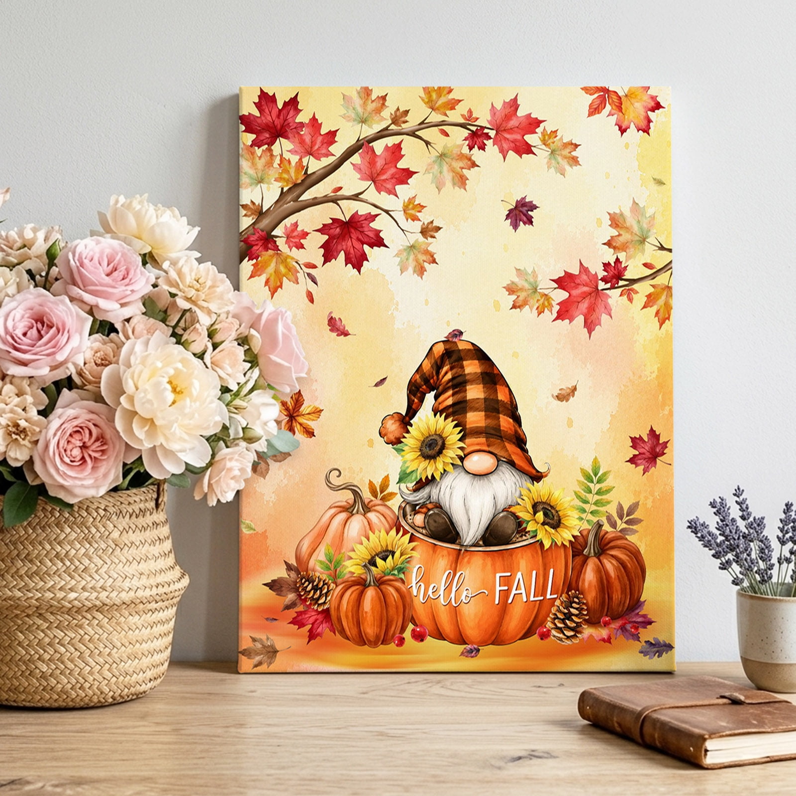 Canvas Wall Art Hello Fall Framed Canvas Prints for Living Room Bedroom Thanksgiving Pumpkins Gnomes Maple Orange Large Gallery Wrapped Wall Decor for Home Office Gifts 16 x20 Ship Next Day