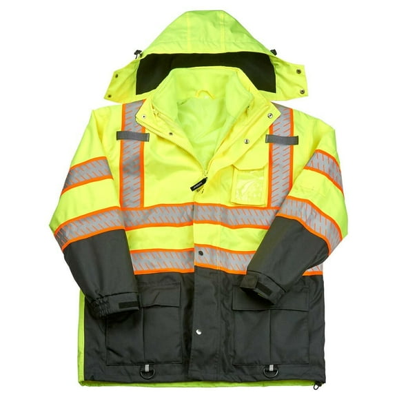 SAFEGEAR Type R Class 3 Parka Jacket with Pockets - Large - Removable Polyester Fleece Liner & Hood, Lime Green & Black, High Visibility Jackets for Men or Women - ANSI/ISEA Compliant