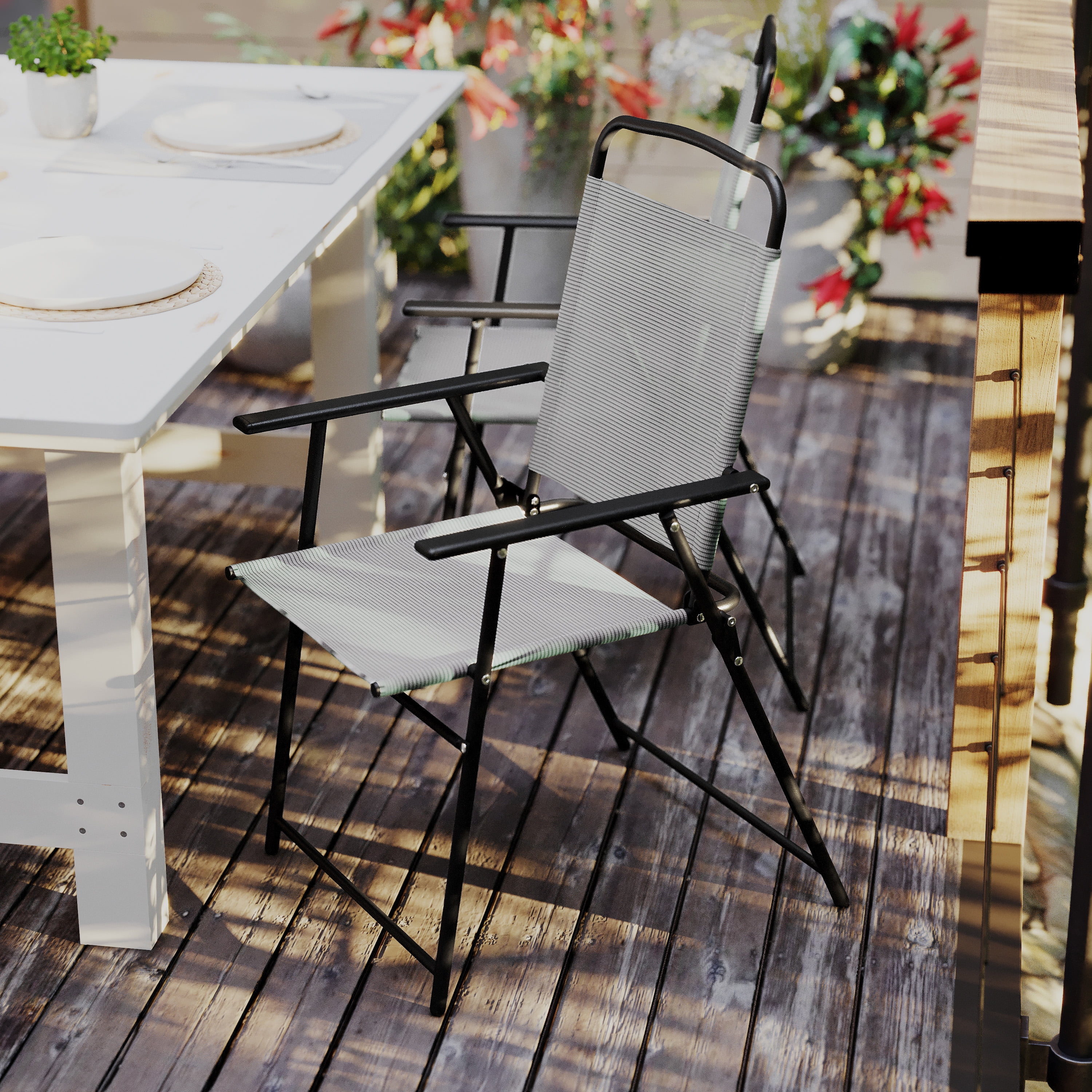 BizChair Set of 2 Folding Patio Sling Chairs, Outdoor Textilene Lawn Chairs with Armrests in Gray