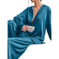 thumbnail image 3 of Women's Notched Collar Long Sleeve Top & Wide Leg Pants Loungewear Set Cyan XL, 3 of 7