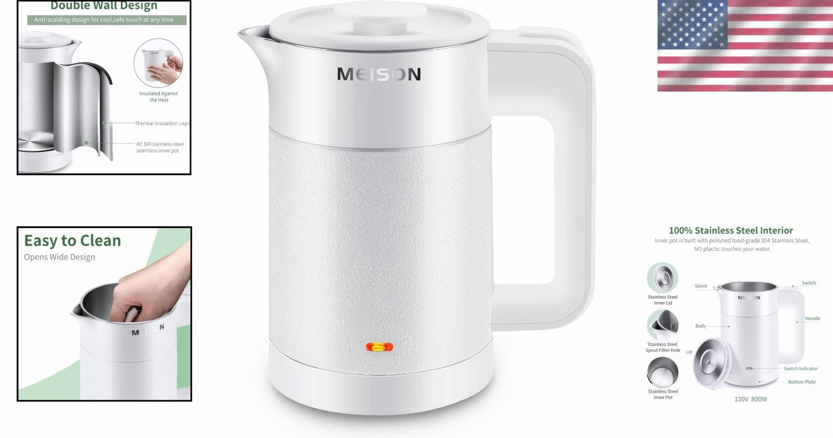 Compact 0.6L Stainless Steel Electric Kettle - Double Wall & Boil-Dry Protection