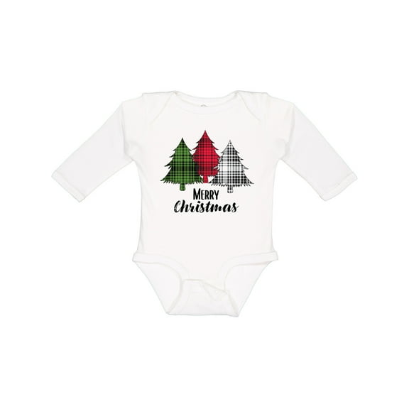 Inktastic Merry Christmas Plaid Trees Boys or Girls Long Sleeve Baby Bodysuit