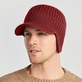 thumbnail image 2 of Gorro de invierno para hombre con visera y orejeras, tejido grueso con forro de felpa y calaveras, resistente al viento, color vino tinto, 2 of 6