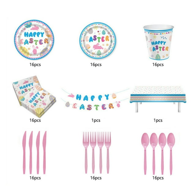 Platos de Papel Desechables de Pascua Conjunto de Fiesta 9 Piezas, Tema de Huevos de Conejo, Platos de Papel Desechables, Tazas, Mantel, Banderas Y Servilletas
