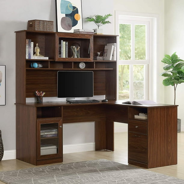 L Shaped Desk With Hutch And Glass Doors Writing Workstation Shelves File Cabinet For Home Office Brown Com L Shaped Desk With Hutch And Glass, Computer Hutch Desk With Doors